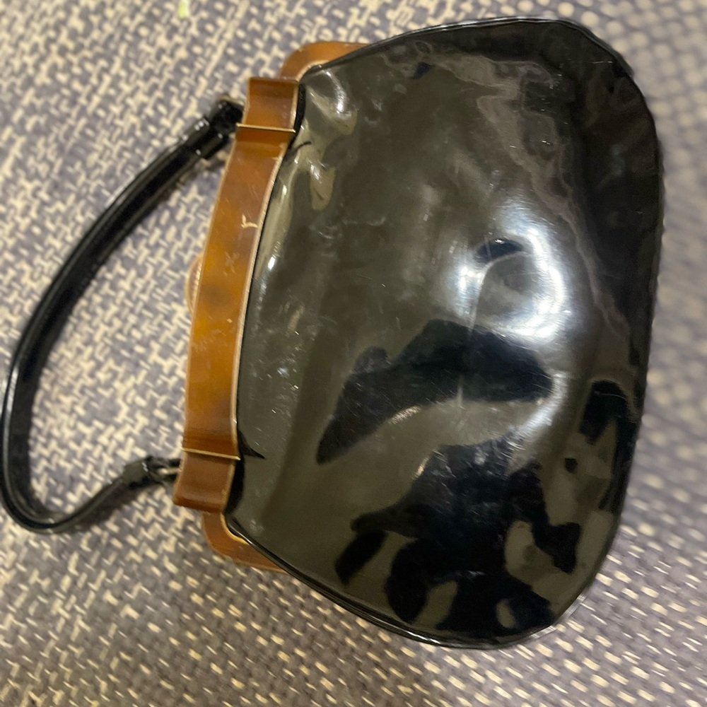 Vintage 1970”s Glossy Black and Brown Handbag
